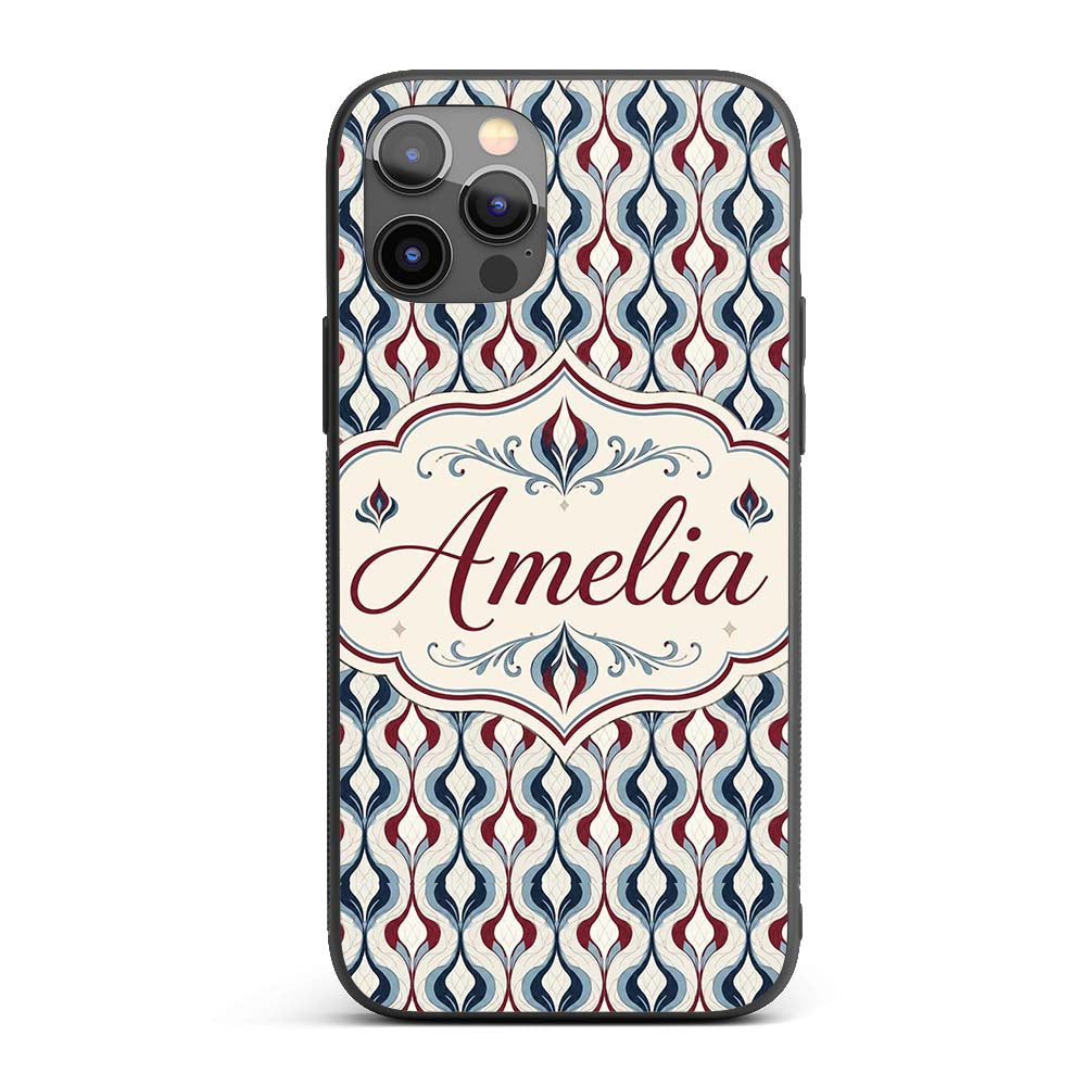 Wavy Abstract Leaf Pattern in Blue Red and Cream Custom Name Protective Phone Case Mobile Cover Durable Everyday Smartphone Shock Resistant