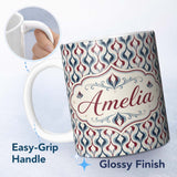 Personalized Custom Name Wavy Abstract Leaf Pattern in Blue Red and Cream Seamless Design 11oz Ceramic Coffee Tea Mug White Large Handle