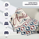 Wavy Abstract Leaf Pattern in Blue Red and Cream Seamless Design  Personalised Custom Name Super Soft Fleece Blanket Bed Sofa Throw