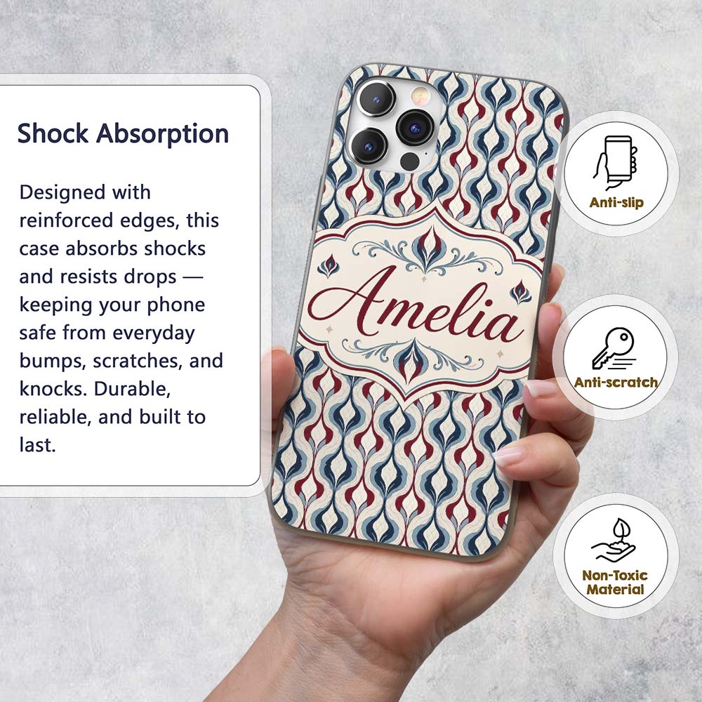 Wavy Abstract Leaf Pattern in Blue Red and Cream Custom Name Protective Phone Case Mobile Cover Durable Everyday Smartphone Shock Resistant