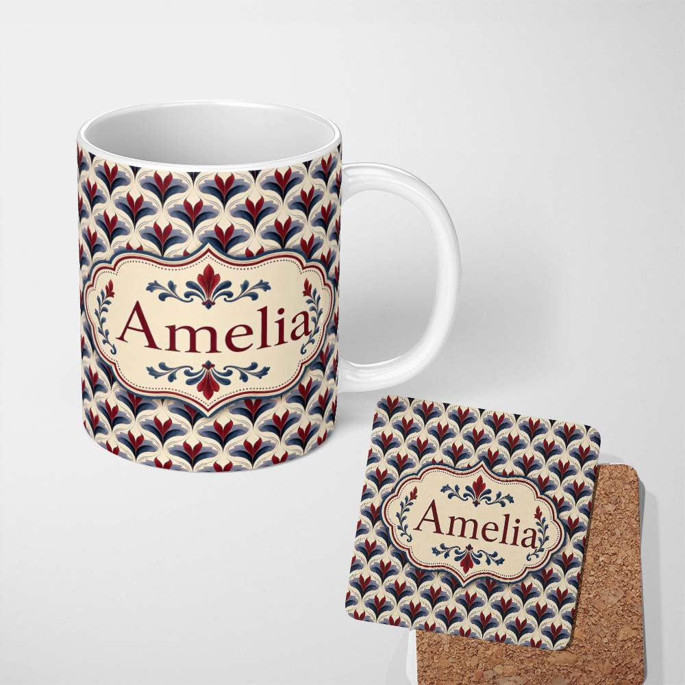 Personalized Custom Name Classic Art Deco Floral Motif Pattern in Red Blue and Beige 11oz Ceramic Coffee Tea Mug White Large Handle