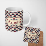 Personalized Custom Name Classic Art Deco Floral Motif Pattern in Red Blue and Beige 11oz Ceramic Coffee Tea Mug White Large Handle