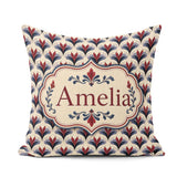 Custom Name Classic Art Deco Motif Pattern in Red Blue and Beige Square Filled Cushion Throw Pillow Sofa Bed Home Decor Zip Washable UK Made