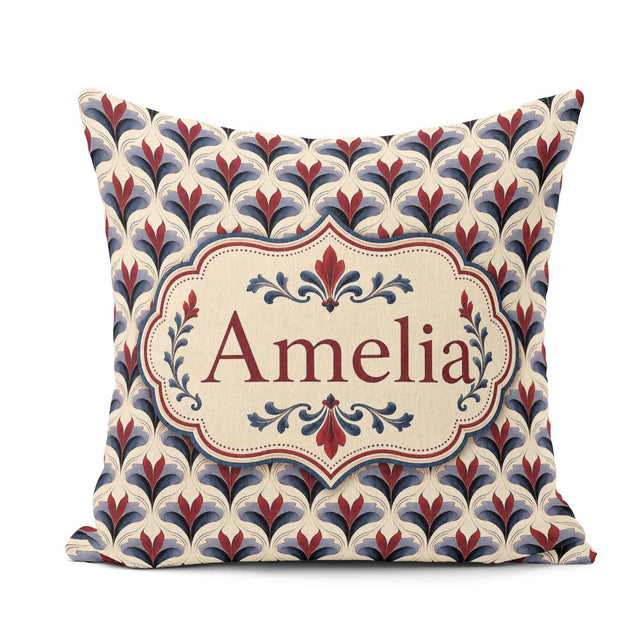 Custom Name Classic Art Deco Motif Pattern in Red Blue and Beige Square Filled Cushion Throw Pillow Sofa Bed Home Decor Zip Washable UK Made