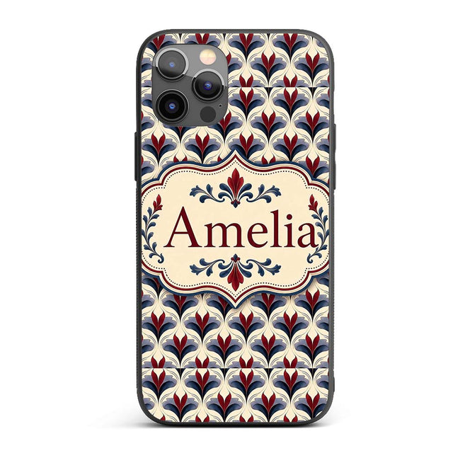 Classic Art Deco Floral Motif Pattern in Red Blue Custom Name Protective Phone Case Mobile Cover Durable Everyday Smartphone Shock Resistant