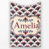 Classic Art Deco Floral Motif Pattern in Red Blue and Beige  Personalised Custom Name Super Soft Fleece Blanket Bed Sofa Throw