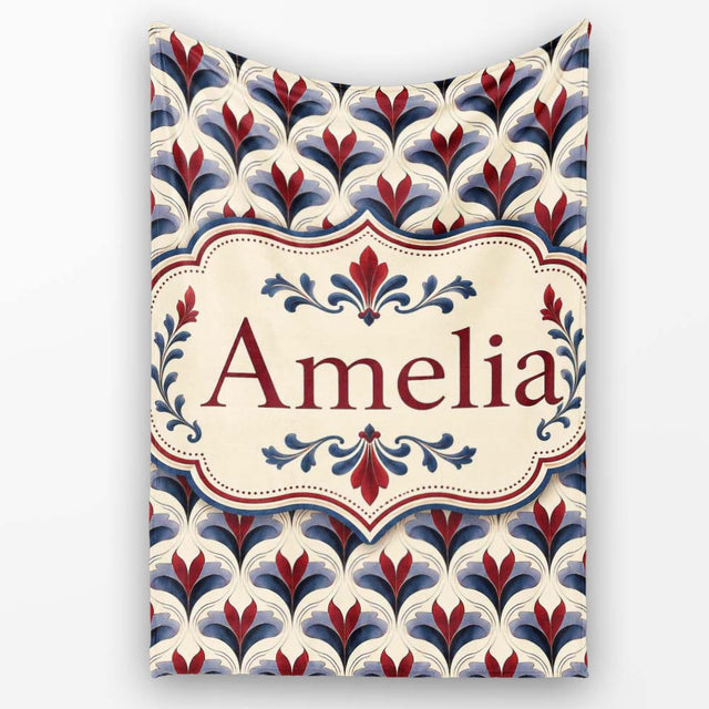 Classic Art Deco Floral Motif Pattern in Red Blue and Beige  Personalised Custom Name Super Soft Fleece Blanket Bed Sofa Throw