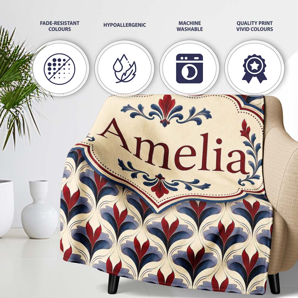 Classic Art Deco Floral Motif Pattern in Red Blue and Beige  Personalised Custom Name Super Soft Fleece Blanket Bed Sofa Throw