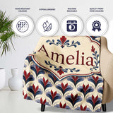 Classic Art Deco Floral Motif Pattern in Red Blue and Beige  Personalised Custom Name Super Soft Fleece Blanket Bed Sofa Throw