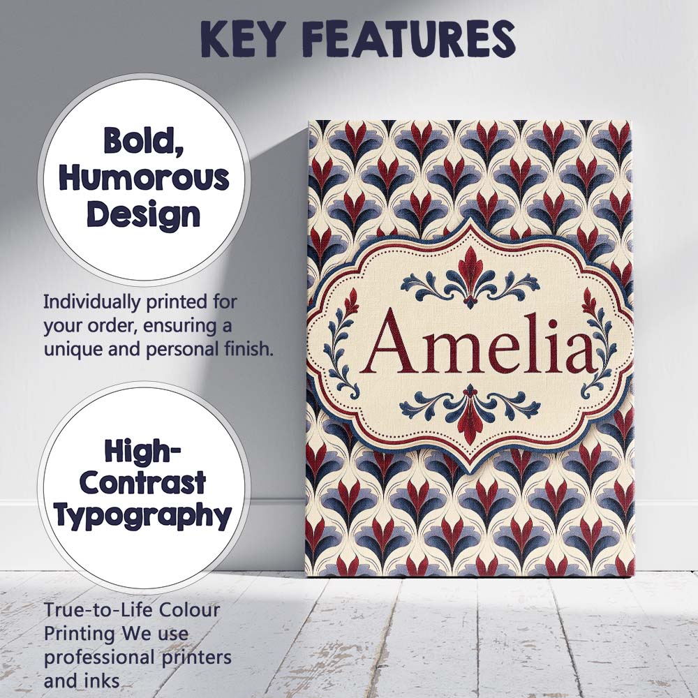 Personalised Name Classic Deco Floral Custom  Unique Gift Idea Modern Room Accent Canvas Wall Art Print Decor Picture Ready to Hang