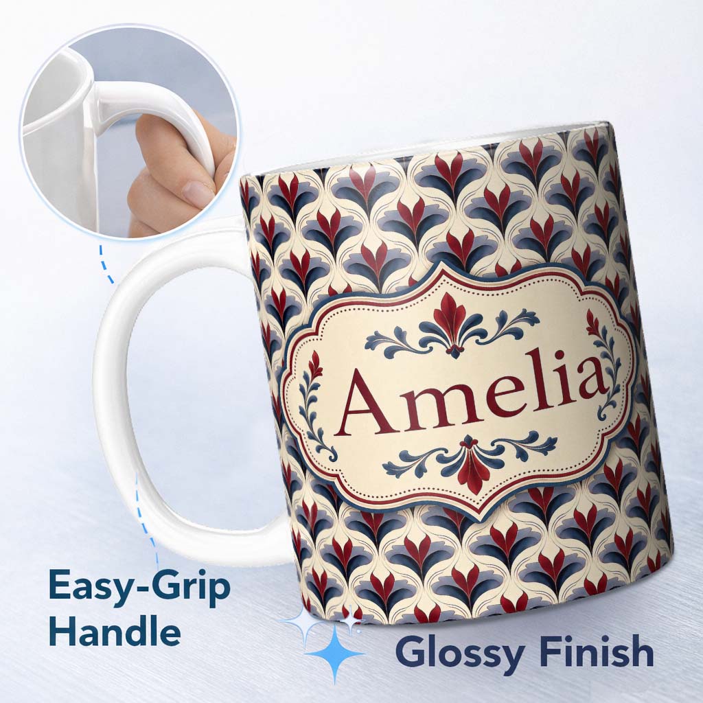 Personalized Custom Name Classic Art Deco Floral Motif Pattern in Red Blue and Beige 11oz Ceramic Coffee Tea Mug White Large Handle