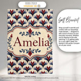 Classic Art Deco Floral Motif Pattern in Red Blue and Beige  Personalised Custom Name Super Soft Fleece Blanket Bed Sofa Throw