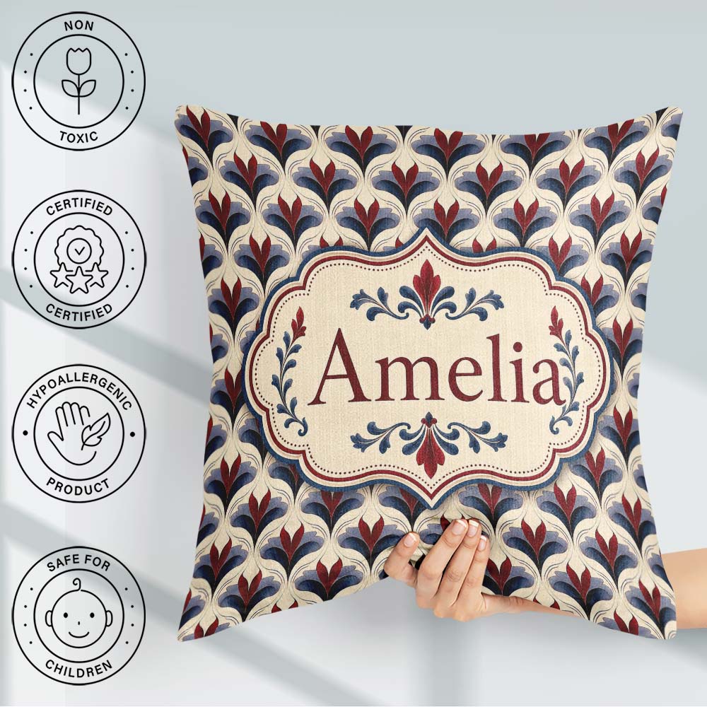 Custom Name Classic Art Deco Motif Pattern in Red Blue and Beige Square Filled Cushion Throw Pillow Sofa Bed Home Decor Zip Washable UK Made