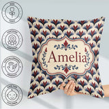 Custom Name Classic Art Deco Motif Pattern in Red Blue and Beige Square Filled Cushion Throw Pillow Sofa Bed Home Decor Zip Washable UK Made