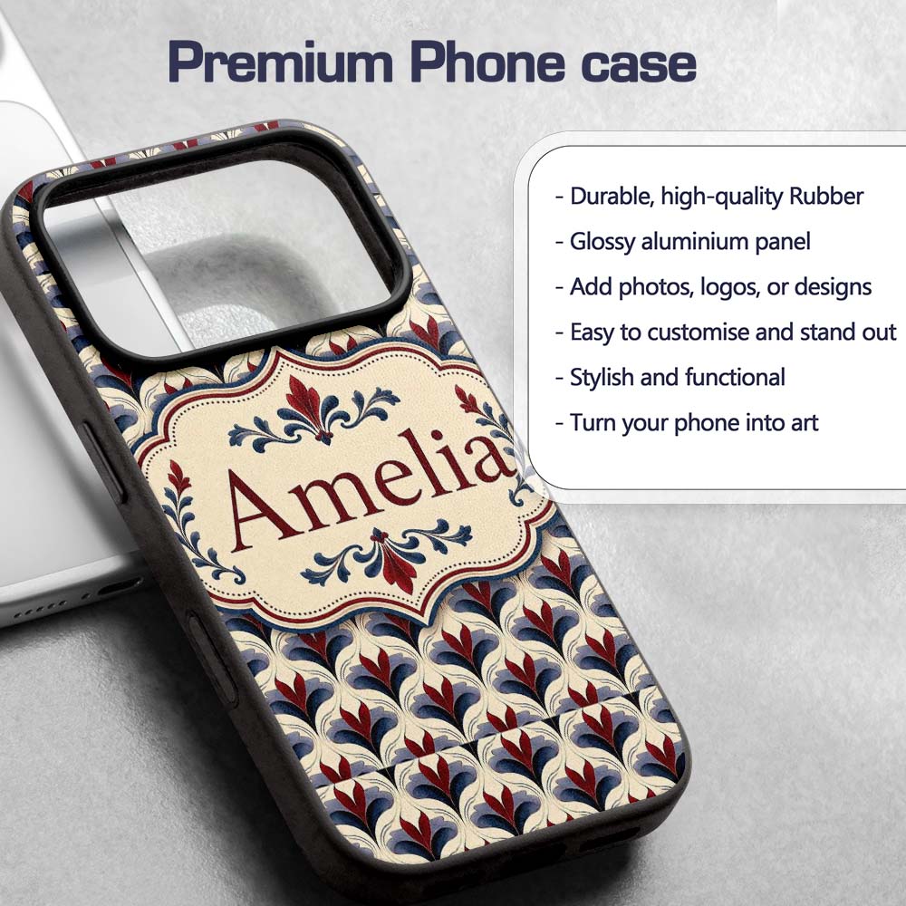 Classic Art Deco Floral Motif Pattern in Red Blue Custom Name Protective Phone Case Mobile Cover Durable Everyday Smartphone Shock Resistant