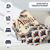 Classic Art Deco Floral Motif Pattern in Red Blue and Beige  Personalised Custom Name Super Soft Fleece Blanket Bed Sofa Throw