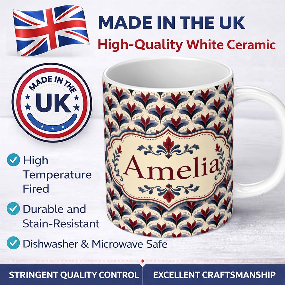 Personalized Custom Name Classic Art Deco Floral Motif Pattern in Red Blue and Beige 11oz Ceramic Coffee Tea Mug White Large Handle