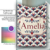Classic Art Deco Floral Motif Pattern in Red Blue and Beige  Personalised Custom Name Super Soft Fleece Blanket Bed Sofa Throw