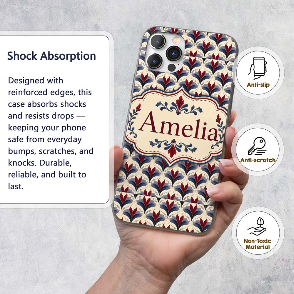 Classic Art Deco Floral Motif Pattern in Red Blue Custom Name Protective Phone Case Mobile Cover Durable Everyday Smartphone Shock Resistant