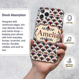 Classic Art Deco Floral Motif Pattern in Red Blue Custom Name Protective Phone Case Mobile Cover Durable Everyday Smartphone Shock Resistant