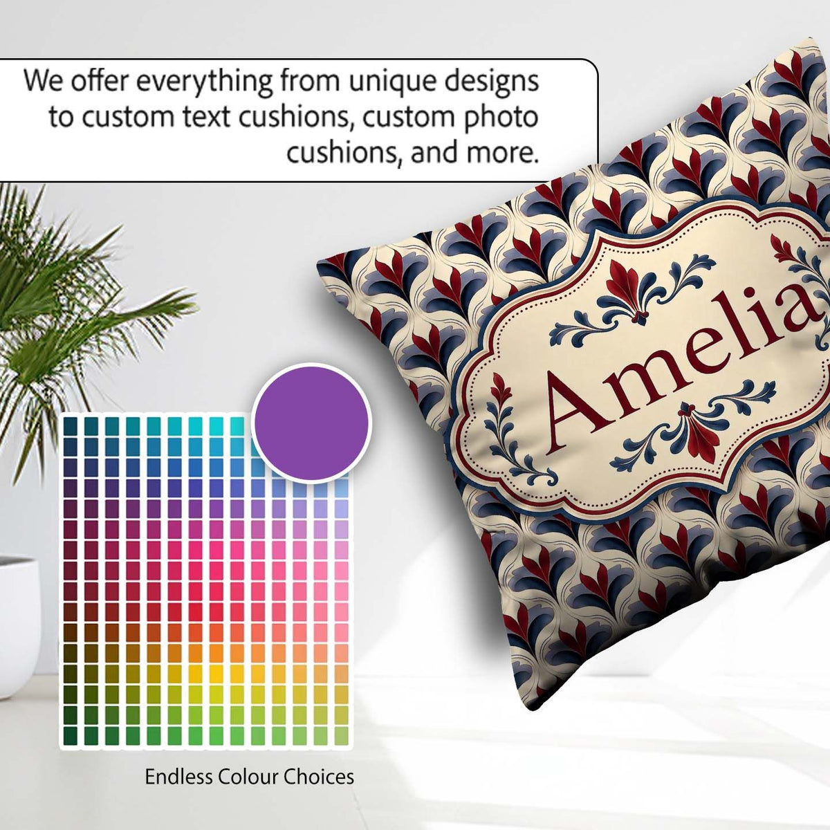 Custom Name Classic Art Deco Motif Pattern in Red Blue and Beige Square Filled Cushion Throw Pillow Sofa Bed Home Decor Zip Washable UK Made