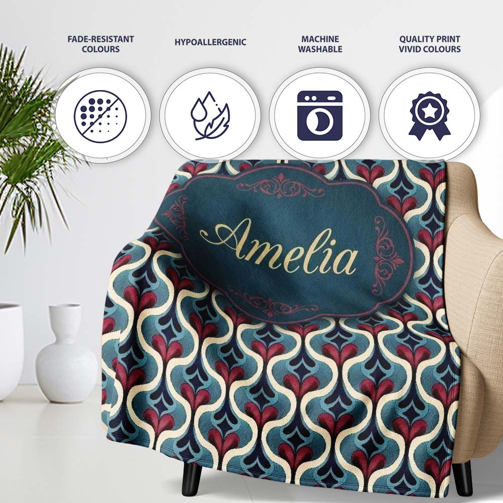 Stylish Geometric Teardrop Pattern in Blue Red and Cream Seamless  Personalised Custom Name Super Soft Fleece Blanket Bed Sofa Throw