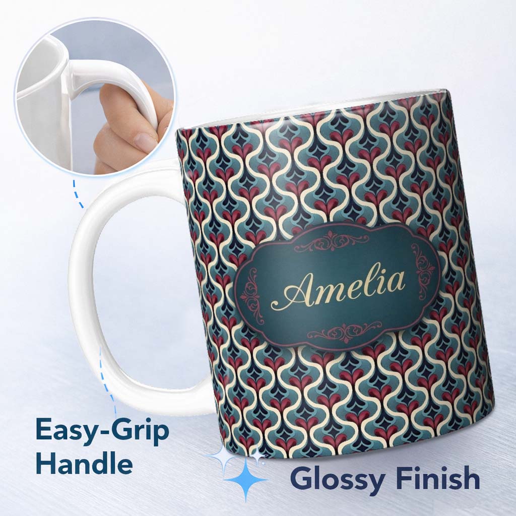 Personalized Custom Name Stylish Geometric Teardrop Pattern in Blue Red and Cream Seamless 11oz Ceramic Coffee Tea Mug White Large Handle