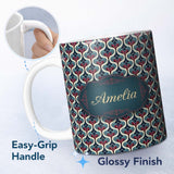 Personalized Custom Name Stylish Geometric Teardrop Pattern in Blue Red and Cream Seamless 11oz Ceramic Coffee Tea Mug White Large Handle