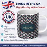 Personalized Custom Name Stylish Geometric Teardrop Pattern in Blue Red and Cream Seamless 11oz Ceramic Coffee Tea Mug White Large Handle