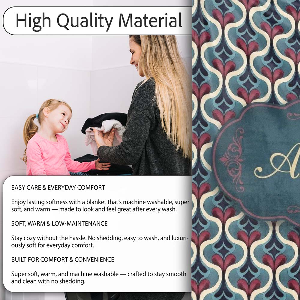 Stylish Geometric Teardrop Pattern in Blue Red and Cream Seamless  Personalised Custom Name Super Soft Fleece Blanket Bed Sofa Throw