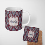 Personalized Custom Name Modern Leaf Shape Pattern in Blue and Red Seamless Design Custom 11oz Ceramic Coffee Tea Mug White Large Handle