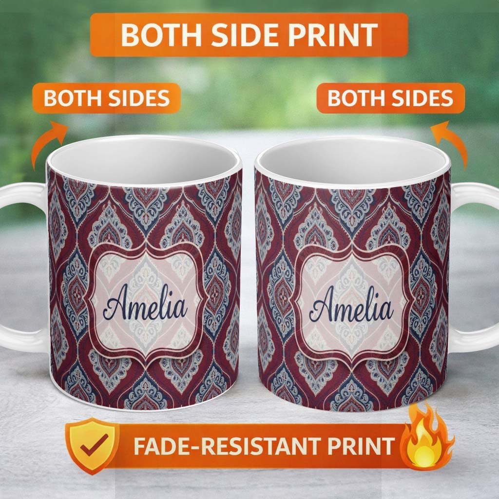 Personalized Custom Name Modern Leaf Shape Pattern in Blue and Red Seamless Design Custom 11oz Ceramic Coffee Tea Mug White Large Handle