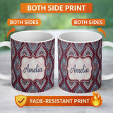 Personalized Custom Name Modern Leaf Shape Pattern in Blue and Red Seamless Design Custom 11oz Ceramic Coffee Tea Mug White Large Handle