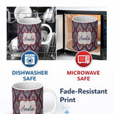 Personalized Custom Name Modern Leaf Shape Pattern in Blue and Red Seamless Design Custom 11oz Ceramic Coffee Tea Mug White Large Handle
