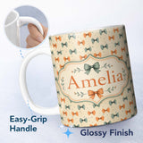 Personalized Custom Name Rustic Hand Drawn Bow Pattern in Warm Brown Tones Seamless Design 11oz Ceramic Coffee Tea Mug White Large Handle