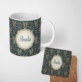 Personalized Custom Name Floral Ribbon and Bow Pattern with Yellow Flowers Seamless Design 11oz Ceramic Coffee Tea Mug White Large Handle