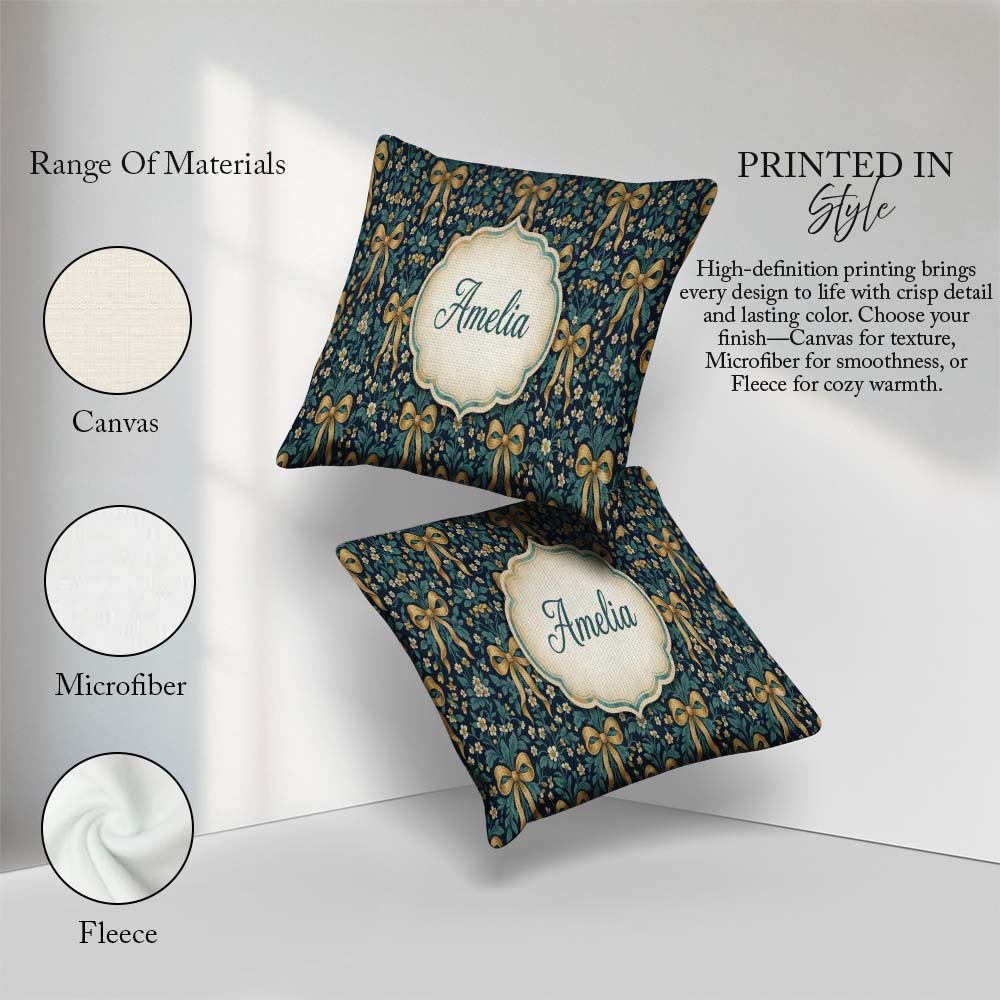 Custom Name Floral Ribbon and Pattern with Yellow Flowers Design Square Filled Cushion Throw Pillow Sofa Bed Home Decor Zip Washable UK Made