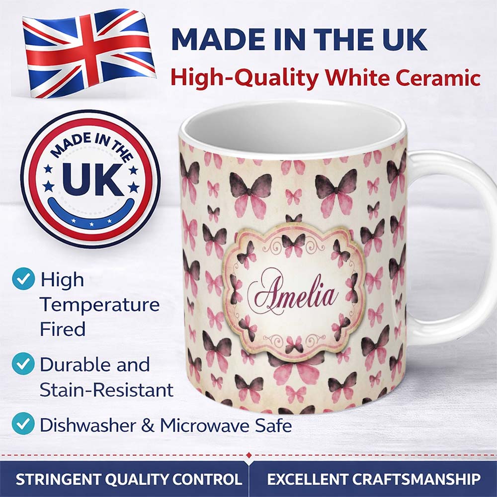 Personalized Custom Name Vintage Butterfly and Bow Sketch Pattern with Grunge Background 11oz Ceramic Coffee Tea Mug White Large Handle