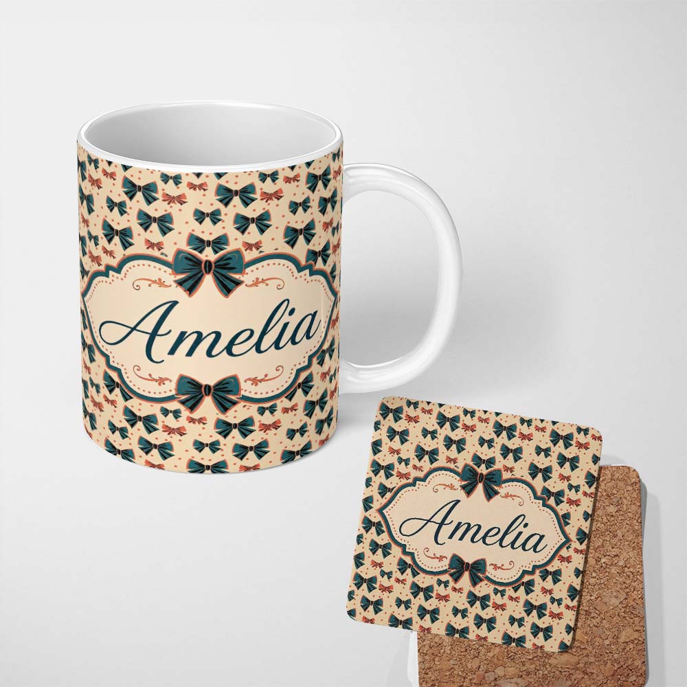 Personalized Custom Name Bow Tie Pattern with Polka Dots in Teal and Coral Seamless Name Cute 11oz Ceramic Coffee Tea Mug White Large Handle