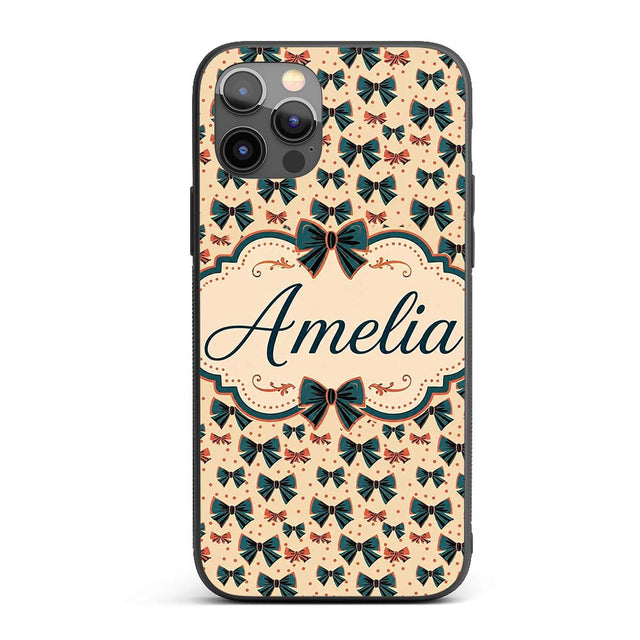 Bow Tie Pattern with Polka Dots in Teal and Coral Custom Name Protective Phone Case Mobile Cover Durable Everyday Smartphone Shock Resistant