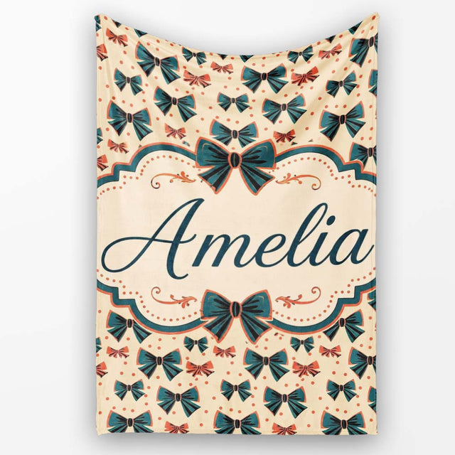 Bow Tie Pattern with Polka Dots in Teal and Coral Seamless Name Cute  Personalised Custom Name Super Soft Fleece Blanket Bed Sofa Throw