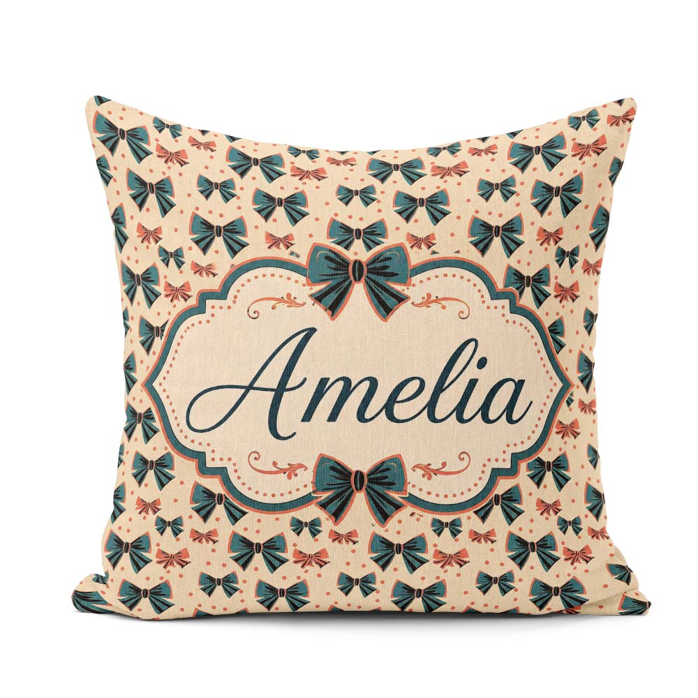 Custom Name Bow Tie with Polka Dots in Teal and Coral Name Cute Square Filled Cushion Throw Pillow Sofa Bed Home Decor Zip Washable UK Made