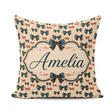 Custom Name Bow Tie with Polka Dots in Teal and Coral Name Cute Square Filled Cushion Throw Pillow Sofa Bed Home Decor Zip Washable UK Made