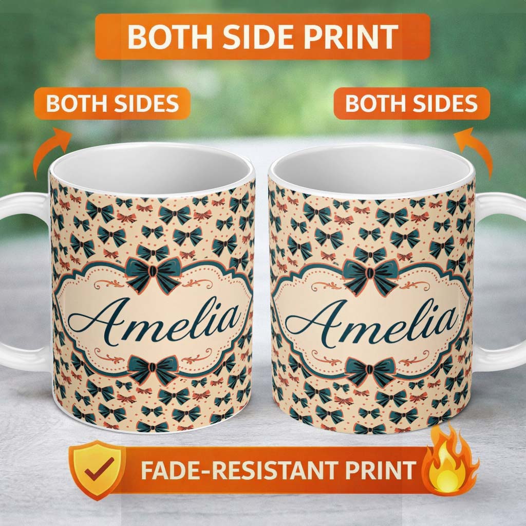 Personalized Custom Name Bow Tie Pattern with Polka Dots in Teal and Coral Seamless Name Cute 11oz Ceramic Coffee Tea Mug White Large Handle