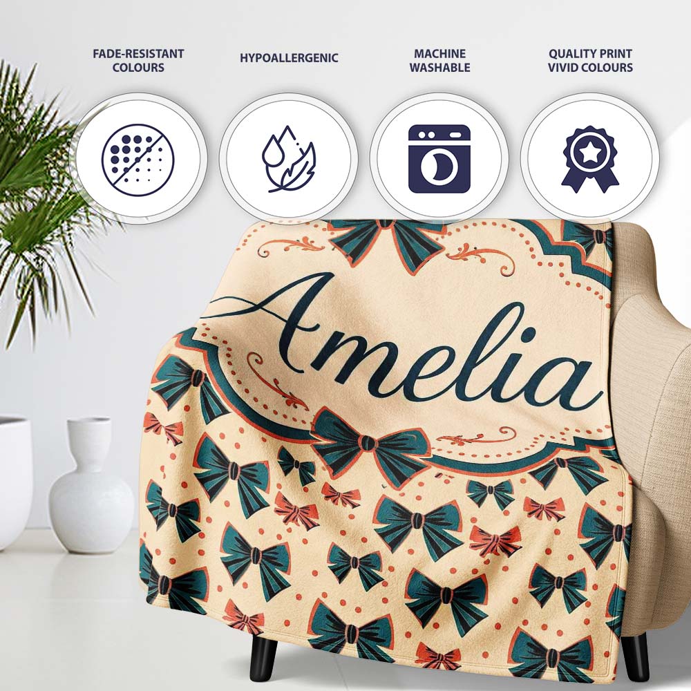 Bow Tie Pattern with Polka Dots in Teal and Coral Seamless Name Cute  Personalised Custom Name Super Soft Fleece Blanket Bed Sofa Throw