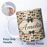 Personalized Custom Name Bow Tie Pattern with Polka Dots in Teal and Coral Seamless Name Cute 11oz Ceramic Coffee Tea Mug White Large Handle