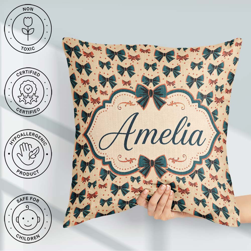 Custom Name Bow Tie with Polka Dots in Teal and Coral Name Cute Square Filled Cushion Throw Pillow Sofa Bed Home Decor Zip Washable UK Made