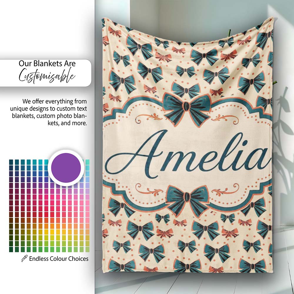 Bow Tie Pattern with Polka Dots in Teal and Coral Seamless Name Cute  Personalised Custom Name Super Soft Fleece Blanket Bed Sofa Throw