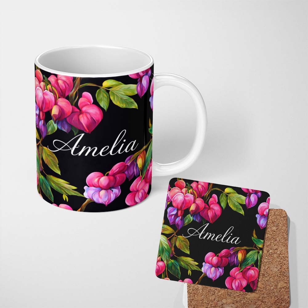Personalized Custom Name Vibrant Pink Bleeding Heart Flowers Dark Background Floral Pattern 11oz Ceramic Coffee Tea Mug White Large Handle