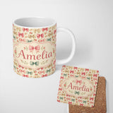 Personalized Custom Name Shabby Chic Floral Bow Pattern with Roses in Pastel Pink Seamless 11oz Ceramic Coffee Tea Mug White Large Handle